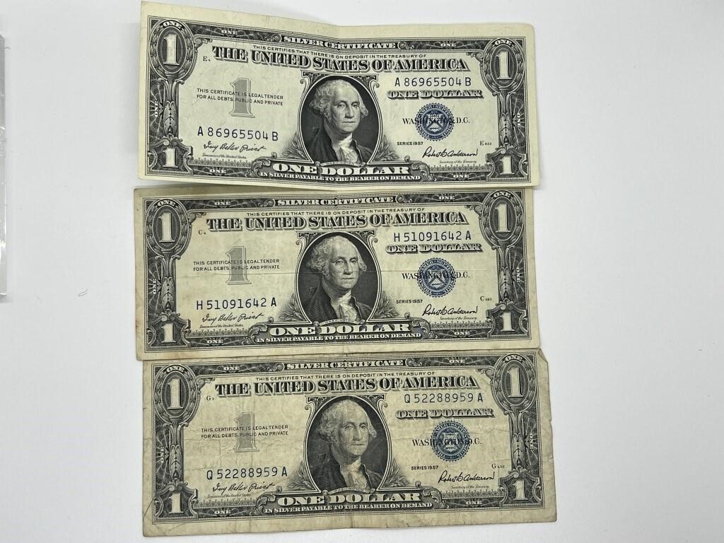 3pcs U.S. $1 Blue Seal Notes 1957