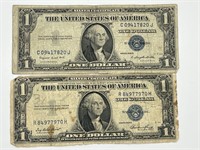 2pcs 1935 G & E U.S. $1 Blue Seal Notes