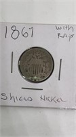 1867 Shield nickel with rays