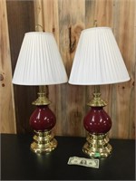 Beautiful set of Burgundy Glass and Brass Lamps