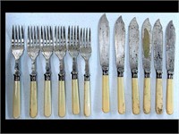 NICE EARLY SET OF 6 KNIVES & FORKS W/ STERLING