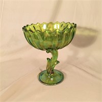 Green Carnival Glass Pedestal Bowl