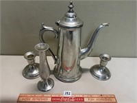 PEWTER CANDLE STICK HOLDERS/VASE/TEAPOT