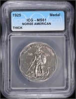 1925 NORSE AMERICAN MEDAL ICG MS61, THICK