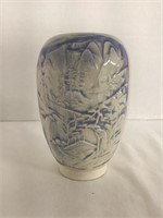 Signed Hand Painted Embossed Ceramic Vase