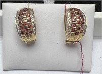 14K GOLD EARINGS 9G RUBY AND DIAMONDS
