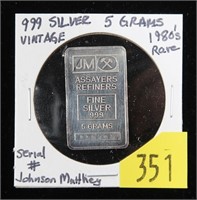 Johnson Matthey 5 gram .999 silver bar
