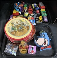 Vintage Tin Bank, Marbles, Toys, Candy Tins.