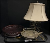 Ceramic Lamp, Brass Pot, Wooden Tray.