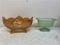 Carnival glass bowl and green dish