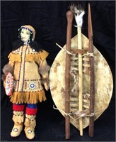 NATIVE AMERICAN DOLL, COWHIDE SHIELD, WOODEN