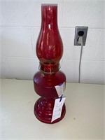 VINTAGE RED GLASS AND CHIMNEY OIL LAMP