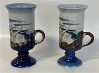 PRETTY PR OF HAND PAINTED POTTERY MUGS - NAUTICAL