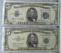 1934D & 1953A $5 Silver Cert Notes.