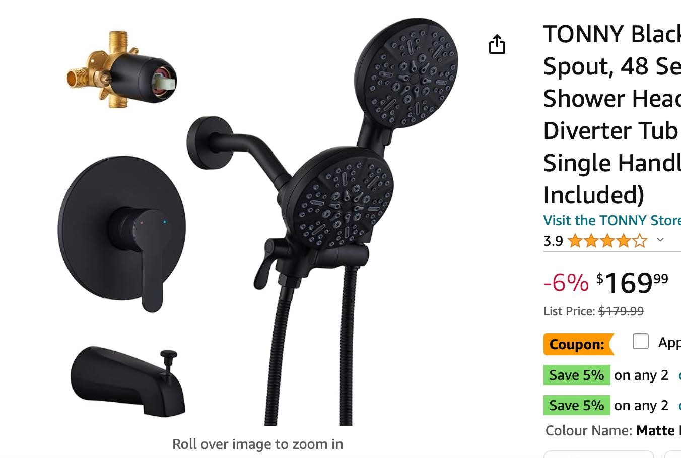 TONNY Black Shower Faucet Set with Tub Spout,