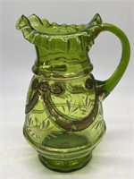 Vintage Green Art Glass Pitcher w/ Gold