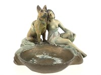 Seated Woman w Dog Art Nouveau Metal Trinket Dish