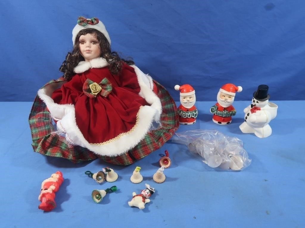 Porcelain Musical Christmas Doll w/misc Christmas