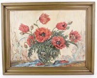 Art Antique Oil on Canvas Red Poppies