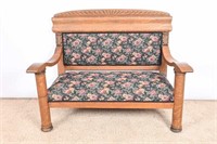 Antique Carved Oak Upholstered Hall Bench