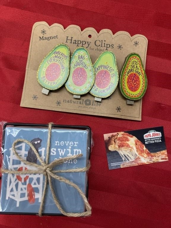Never swim alone coasters, free pizza and clips