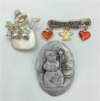 Lot of 3 Happy Holidays & Snowman Brooches Signed