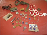 30+PIECES OF MILITARY BUTTONS, PATCHES, BELT,MORE