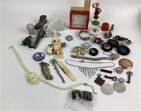 Costume jewelry bracelet, necklaces, pins, tin
