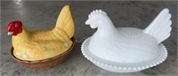 Bisque & Milk Glass Hens on Nests