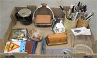 Box of Misc Desk items, Clock, Pens, Holders