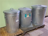 5 Galvanized Trash Cans, Stock Pot, Cabinet