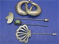 Sterling Silver Lot-3 Pins, 1 Pr. Earrings