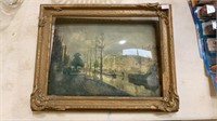 Antique gold framed print, with damage to the
