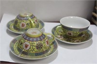 Set of 3 Chinese Longetivity Motif Cup and Saucers