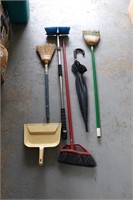 Brooms, dustpan, umbrella