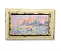Oil Painting Boats in Harbor Sunset Signed