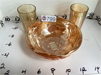 Carnival glass, marigold bowl and glasses