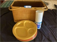 Plastic picnic basket, plates,& cups