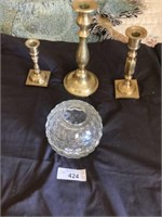 Brass candle holders & a Fostoria candle holder