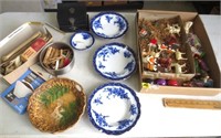 Blue bowls w/chips, decorative items, jewelry box