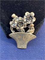 Sterling silver flower basket brooch pin