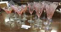 LOT 6 ETCHED PINK GOBLETS & 5 MARTINI GLASSES