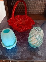 Fenton glass basket, & fairy lamps