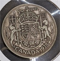 1938 Canadian Silver 50-Cent Half Dollar Coin