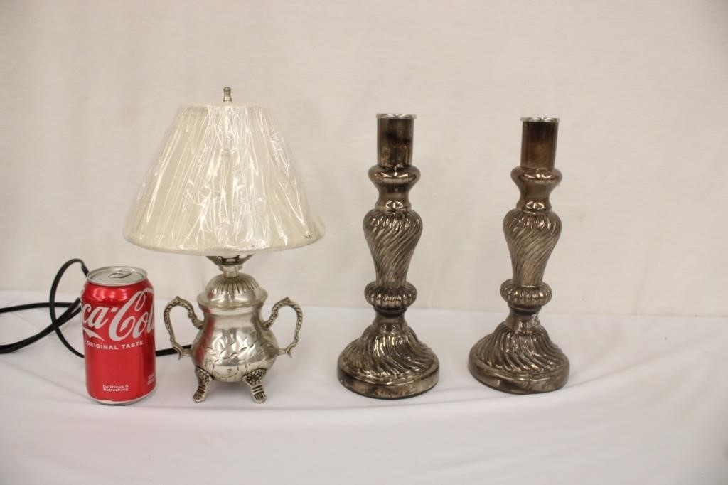 11.25" Silver Color Lamp & 2 Candle Sticks