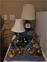 Brass candle holders, lamp & decor. Lgst lamp is