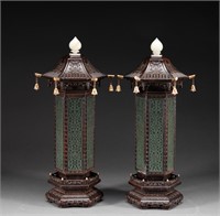 Qing Dynasty rosewood inlaid jade palace lamp pair