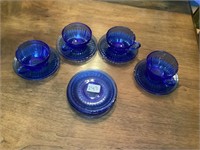 Aurora Cobalt Depression Glass cup and saucers. 4