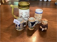 Lot of assorted beer mugs and a frier Tuck salt