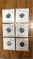 6 Silver 5cent Canada coins. 1904, 1906, 1911,